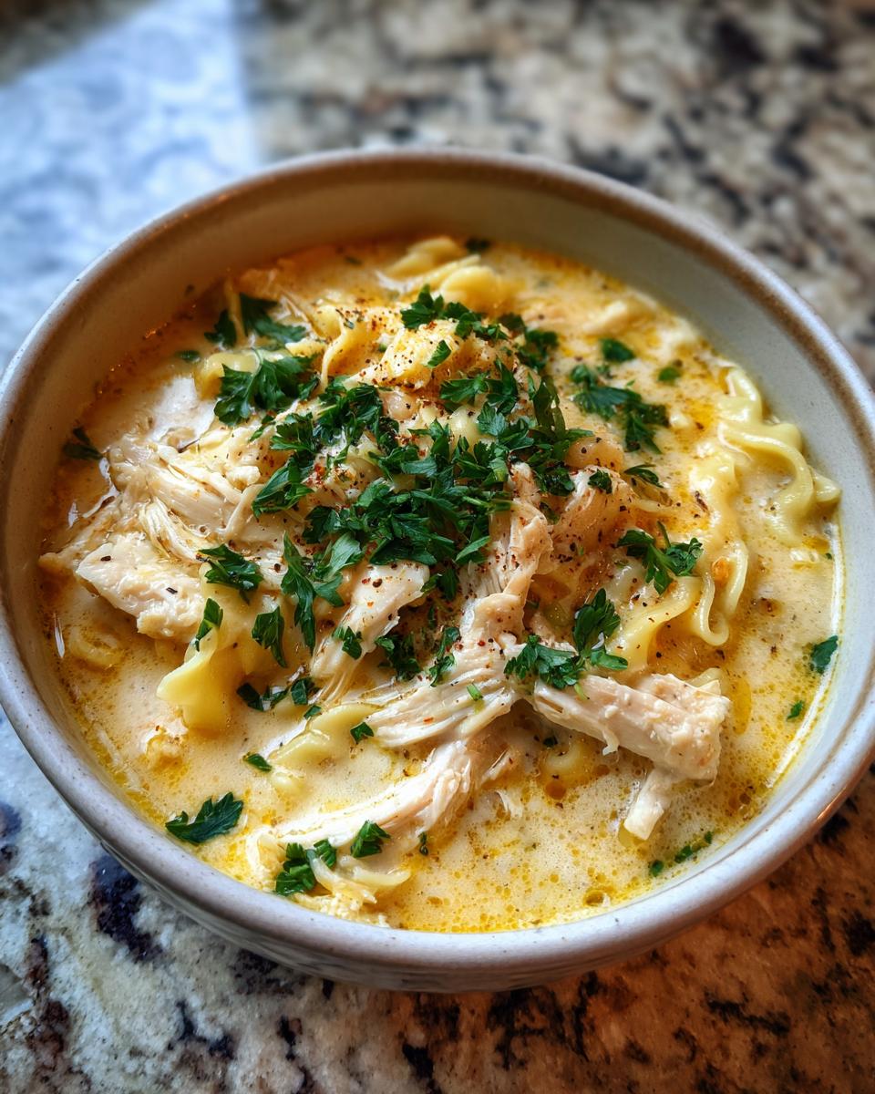 Creamy Chicken Noodle Soup: 1 Recipe for Comfort 10 Close-up of a bowl of creamy chicken noodle soup, garnished with fresh parsley.