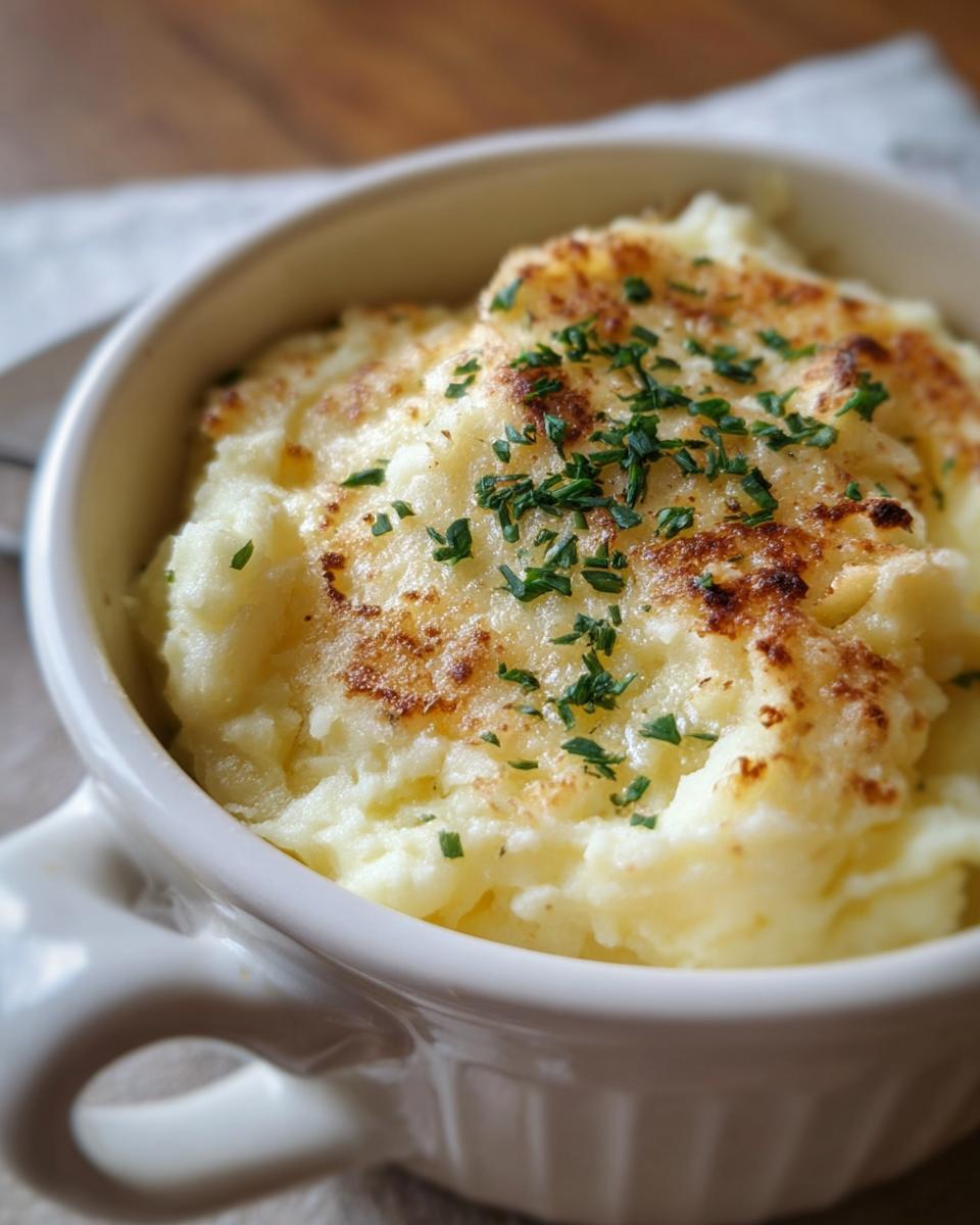 Close-up of creamy mashed potatoes in a white bowl, garnished with herbs. Perfect creamy mashed potatoes recipe.