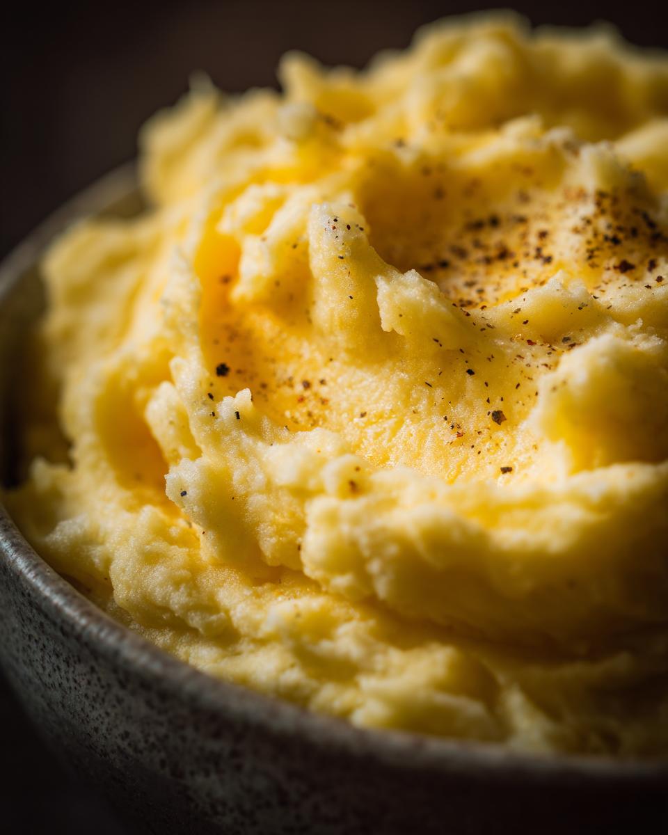 Close-up of a bowl of Creamy Mashed Potatoes, fluffy and seasoned with pepper.