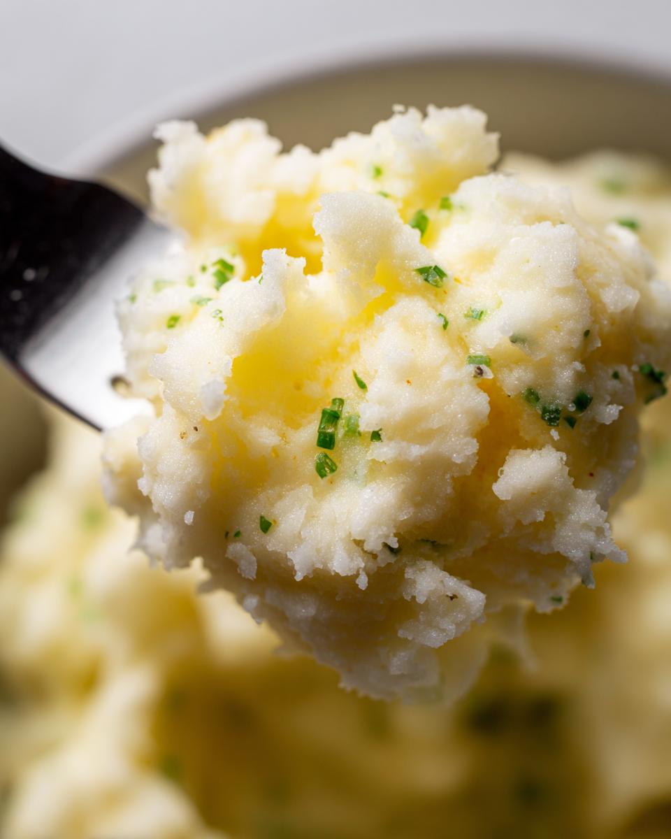 Close-up of creamy mashed potatoes on a fork, garnished with chives. Perfect creamy mashed potatoes.