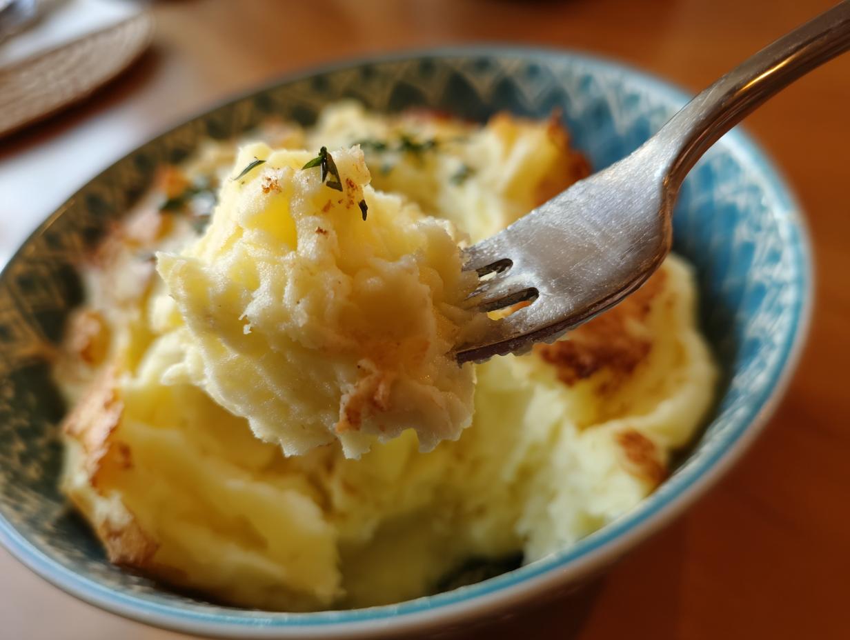 Close-up of creamy mashed potatoes being lifted by a fork, showing the texture and creaminess of the dish.
