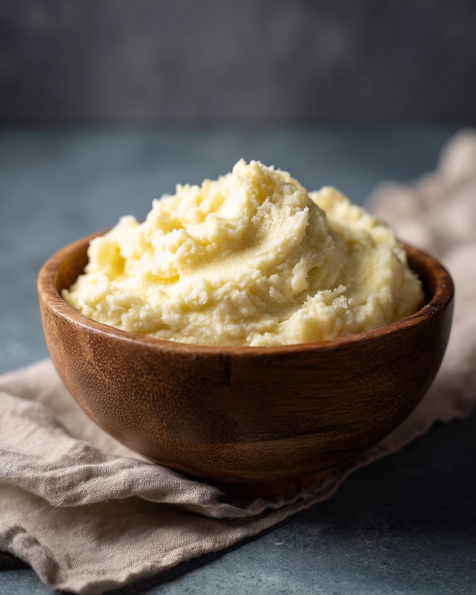 Close-up of a wooden bowl filled with creamy mashed potatoes, perfect for a side dish.