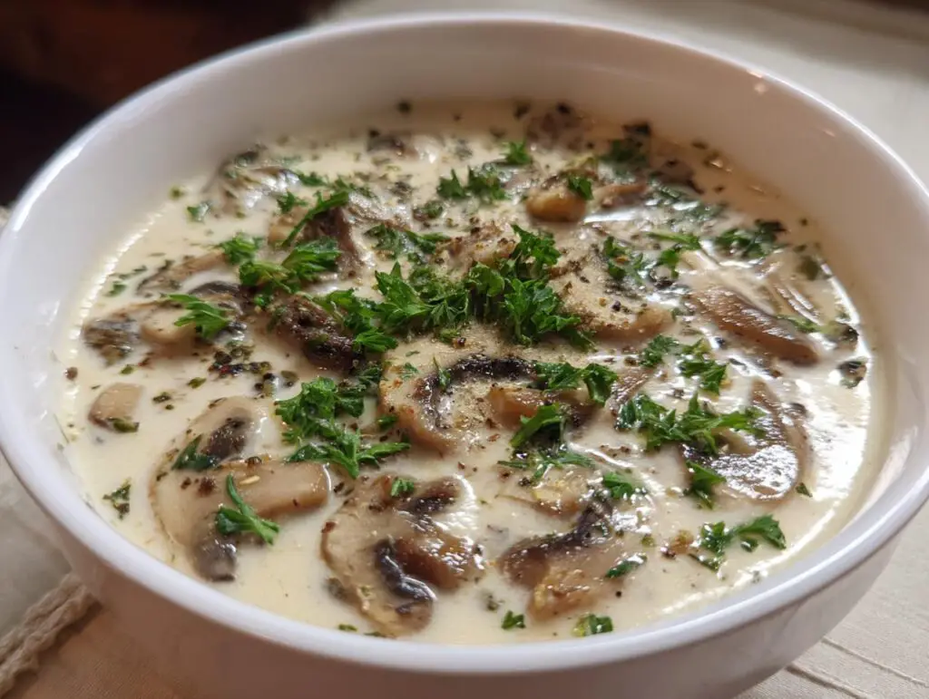 A bowl of creamy mushroom soup garnished with fresh parsley. The Creamy Mushroom Soup is a delicious meal.