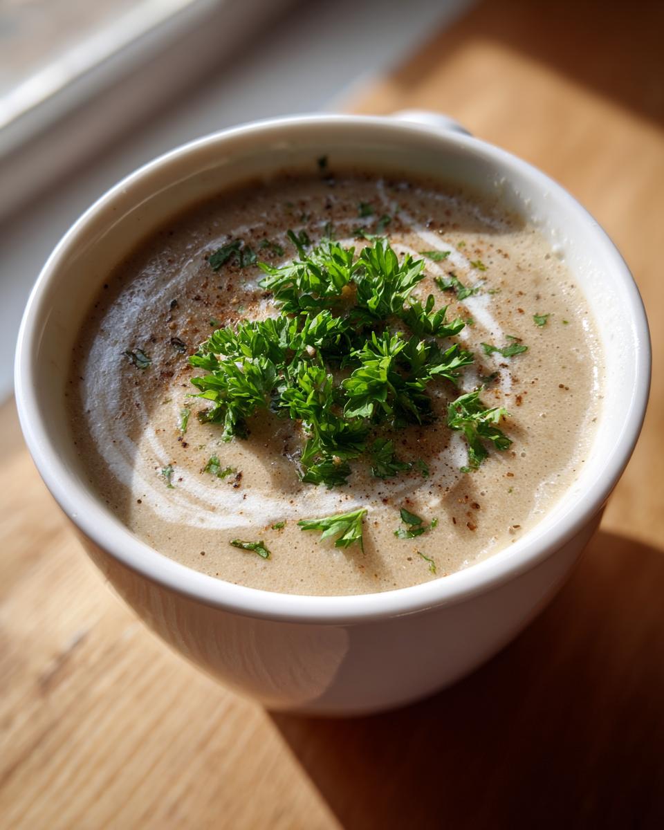 Close-up of a bowl of creamy mushroom soup, garnished with parsley and a swirl of cream.