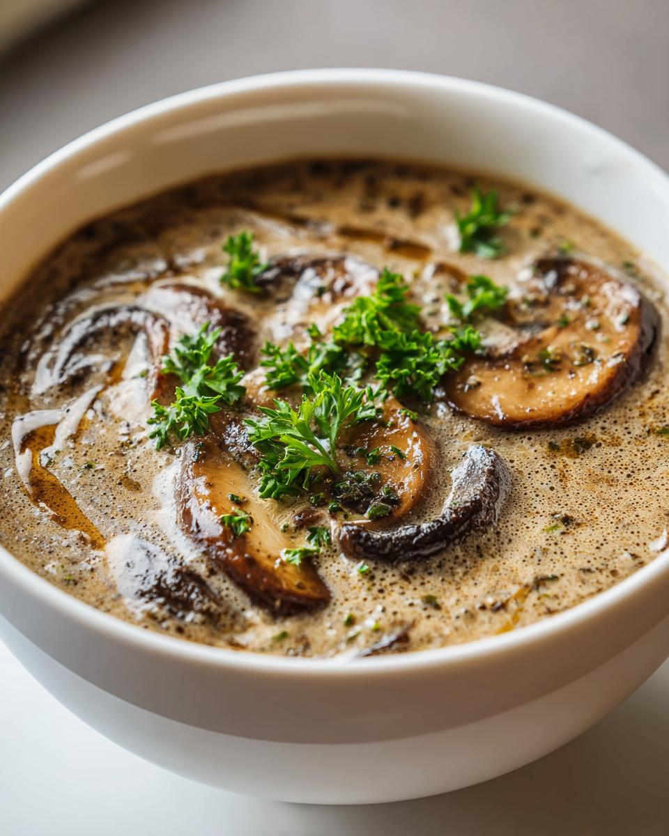 Close-up of a bowl of creamy mushroom soup, garnished with fresh parsley.
