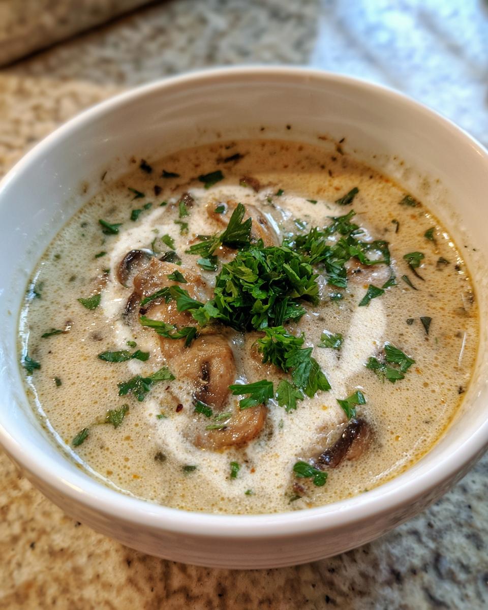 Close-up of a bowl of creamy mushroom soup garnished with fresh parsley.