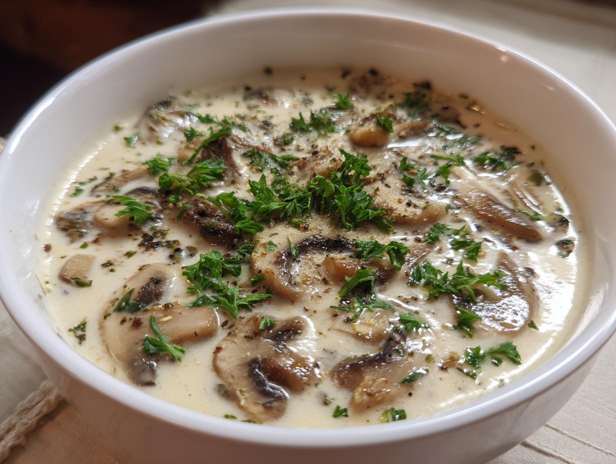 A bowl of creamy mushroom soup garnished with fresh parsley. The Creamy Mushroom Soup is a delicious meal.