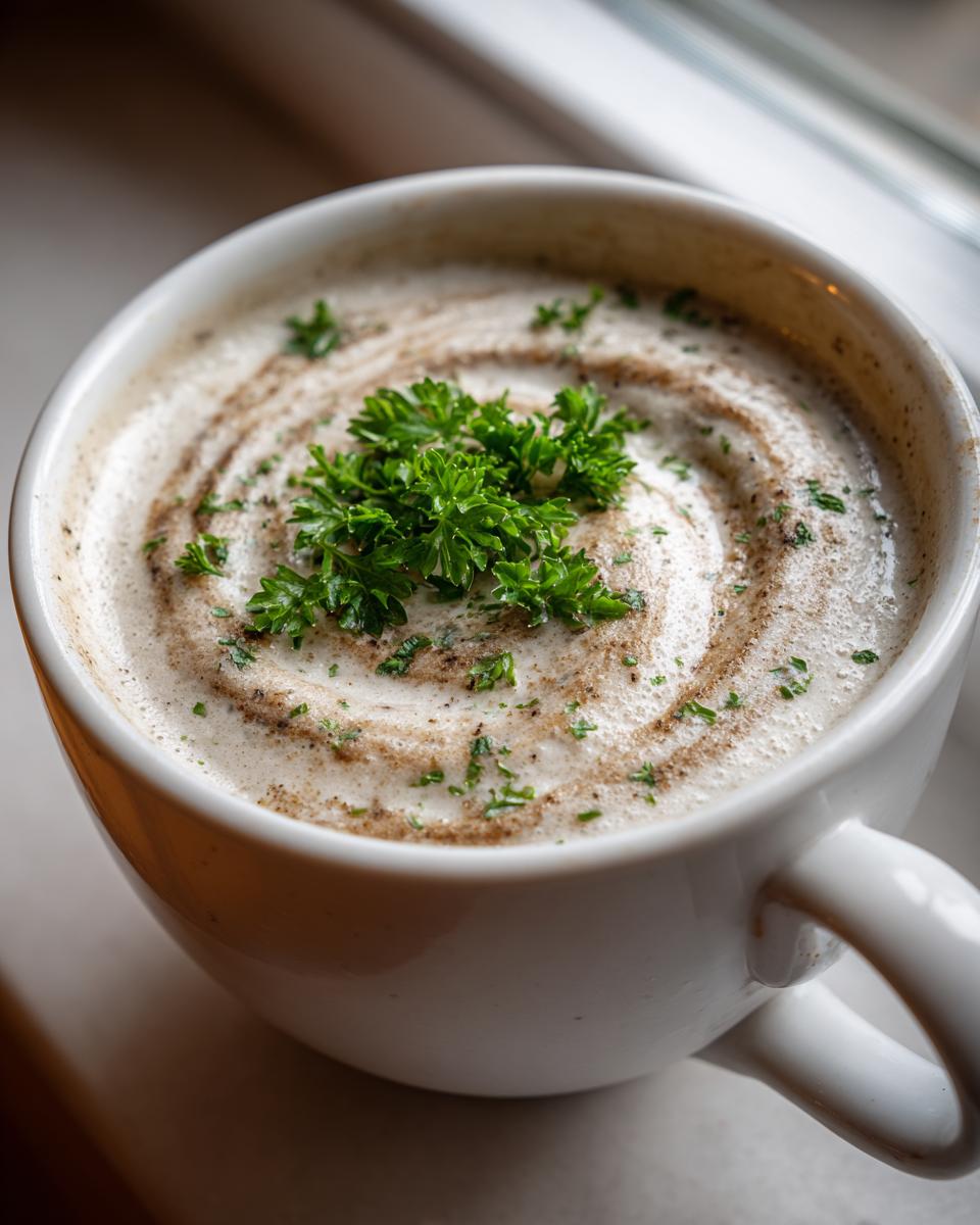 Close-up of a cup of Creamy Mushroom Soup garnished with parsley.