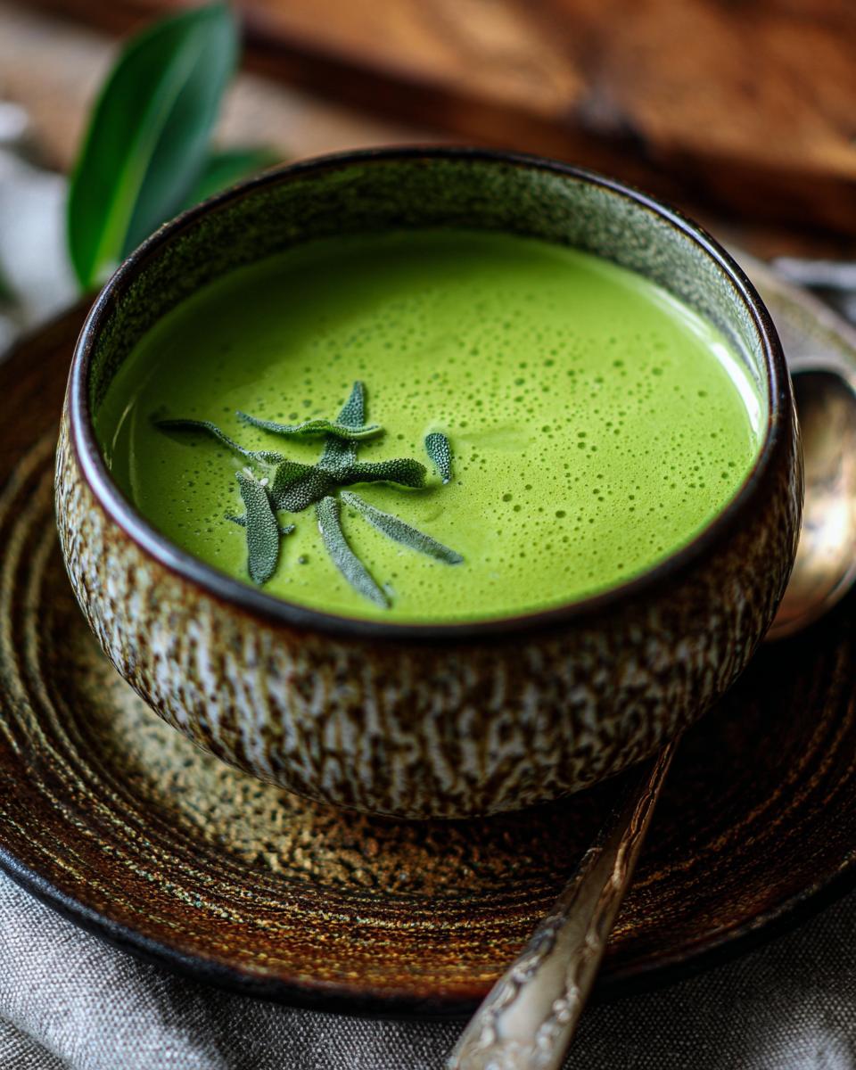 Close-up of a bowl of Creamy Pea & Mint Soup, garnished with herbs, ready to be enjoyed.