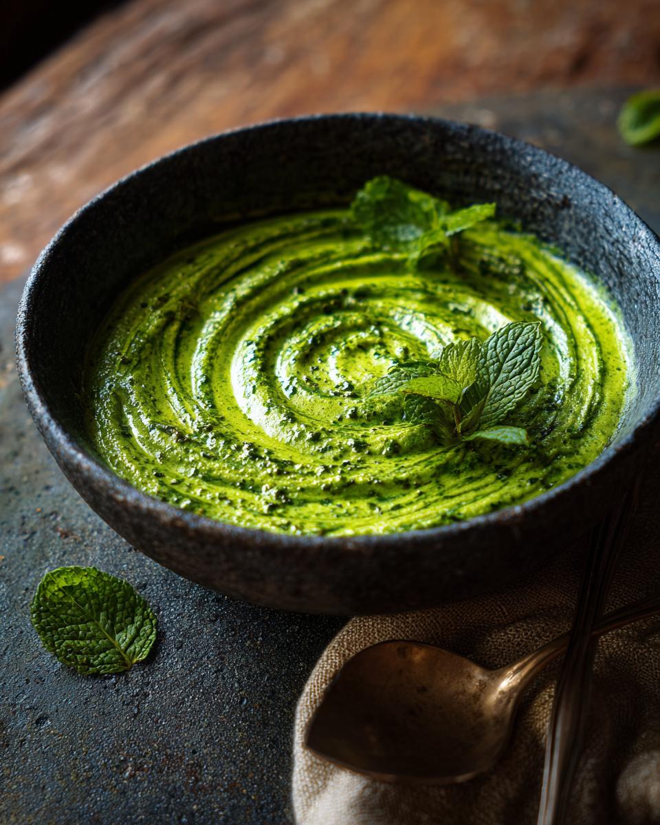 Close-up of a bowl of Creamy Pea & Mint Soup, garnished with fresh mint leaves.