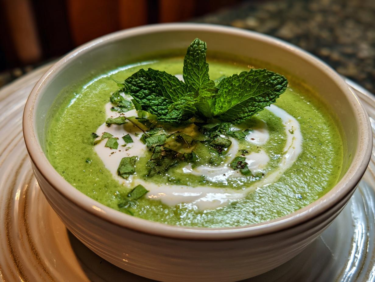 Close-up of a bowl of Creamy Pea & Mint Soup, garnished with fresh mint and a swirl of cream.