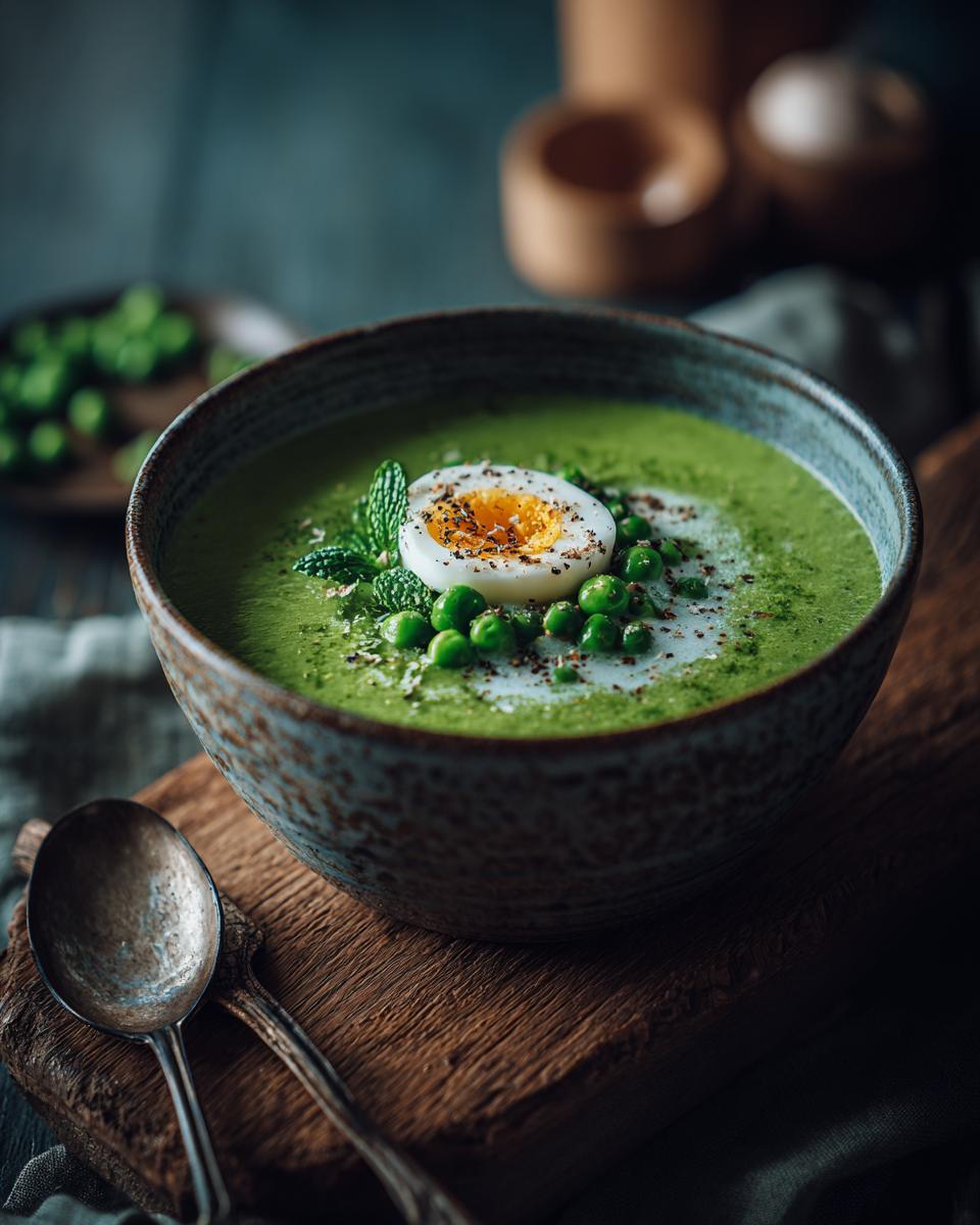 Bowl of creamy pea and mint soup, garnished with peas, a sliced egg, and mint leaves. The primary keyword is Creamy Pea & Mint Soup.