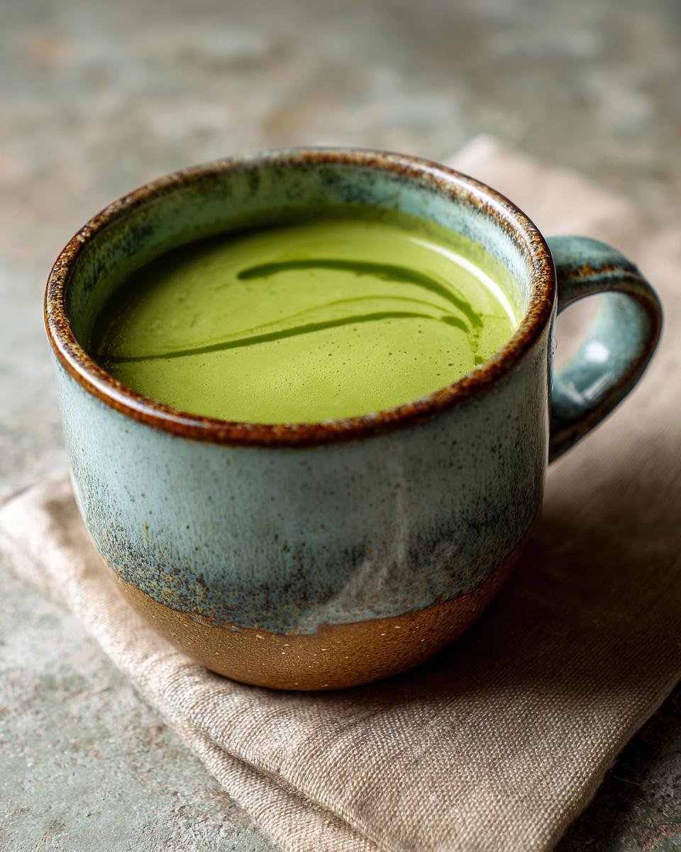 Close-up of a mug filled with Creamy Pea & Mint Soup, a vibrant green color.