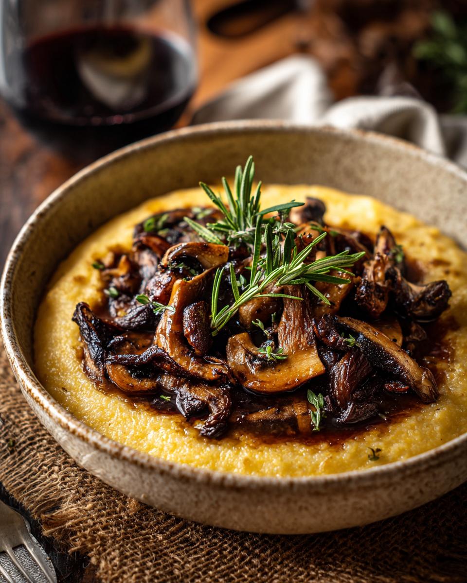 Creamy Polenta with Mushrooms: 1 Recipe for Bliss 8 Close-up of Creamy Polenta with Mushrooms, garnished with rosemary, in a rustic bowl.