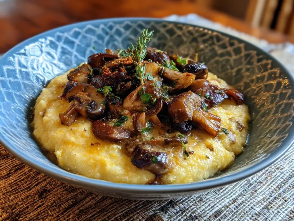 creamy polenta with mushrooms bowl