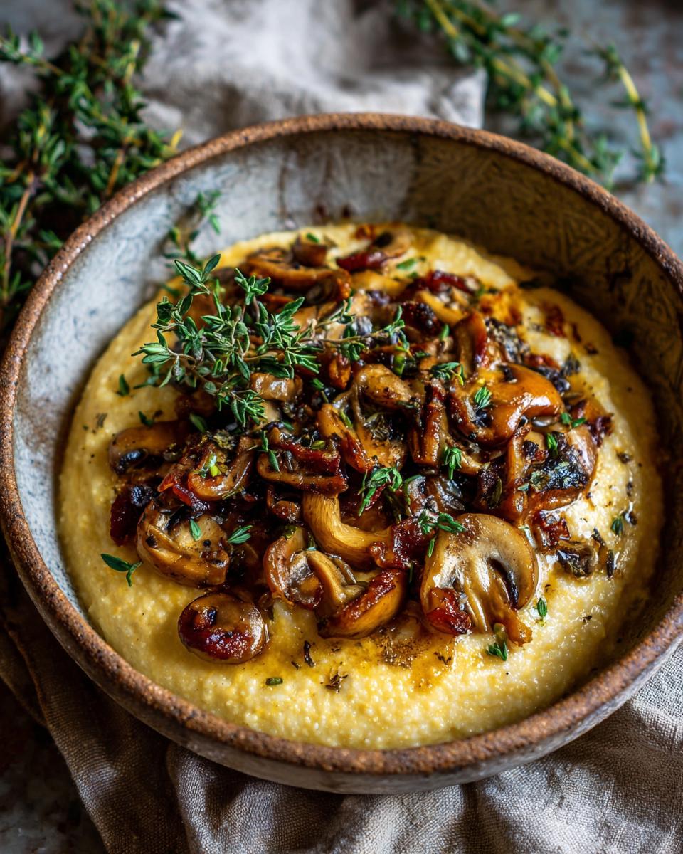 Creamy Polenta with Mushrooms: 1 Recipe for Bliss 9 Close-up of creamy polenta with mushrooms, garnished with fresh herbs. This is a Creamy Polenta with Mushrooms recipe.