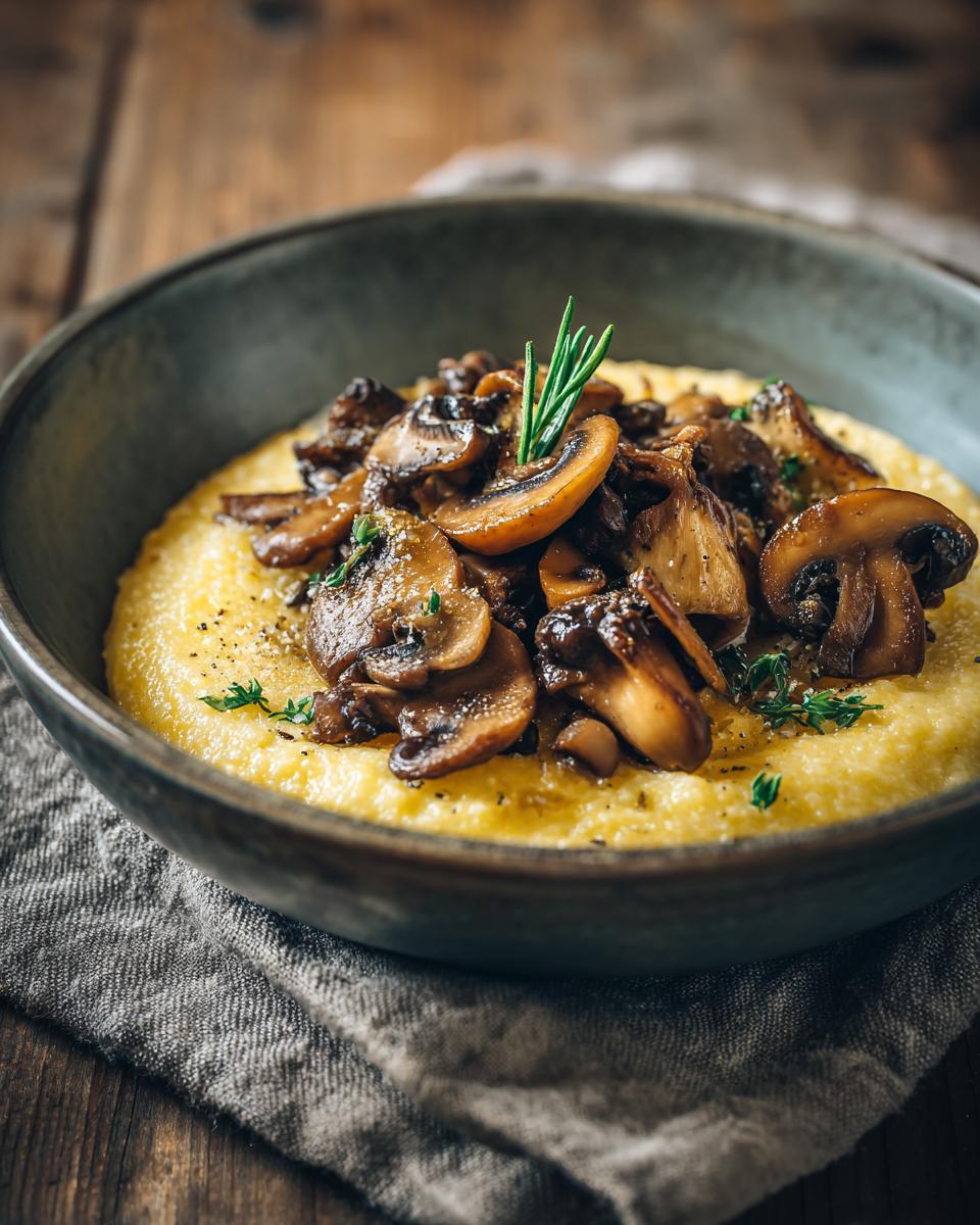 Creamy Polenta with Mushrooms: 1 Recipe for Bliss 10 Close-up of creamy polenta with mushrooms in a bowl, garnished with herbs. The dish is the Creamy Polenta with Mushrooms.