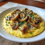 Close-up of creamy polenta with mushrooms, garnished with herbs and parmesan cheese. A delicious Creamy Polenta with Mushrooms.