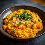 Creamy Pumpkin Risotto: 1 Recipe, Utterly Delicious 11 Close-up of a bowl of creamy pumpkin risotto, garnished with fresh herbs and parmesan.