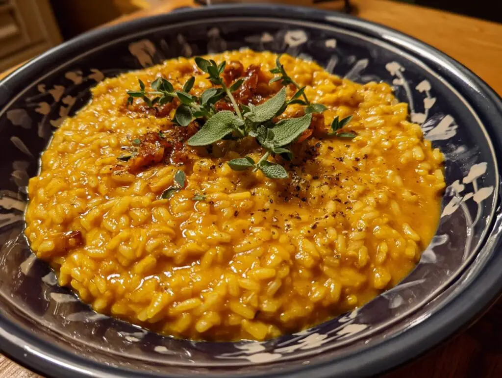 Close-up of a bowl of creamy pumpkin risotto, garnished with fresh herbs and spices. The perfect Creamy Pumpkin Risotto.