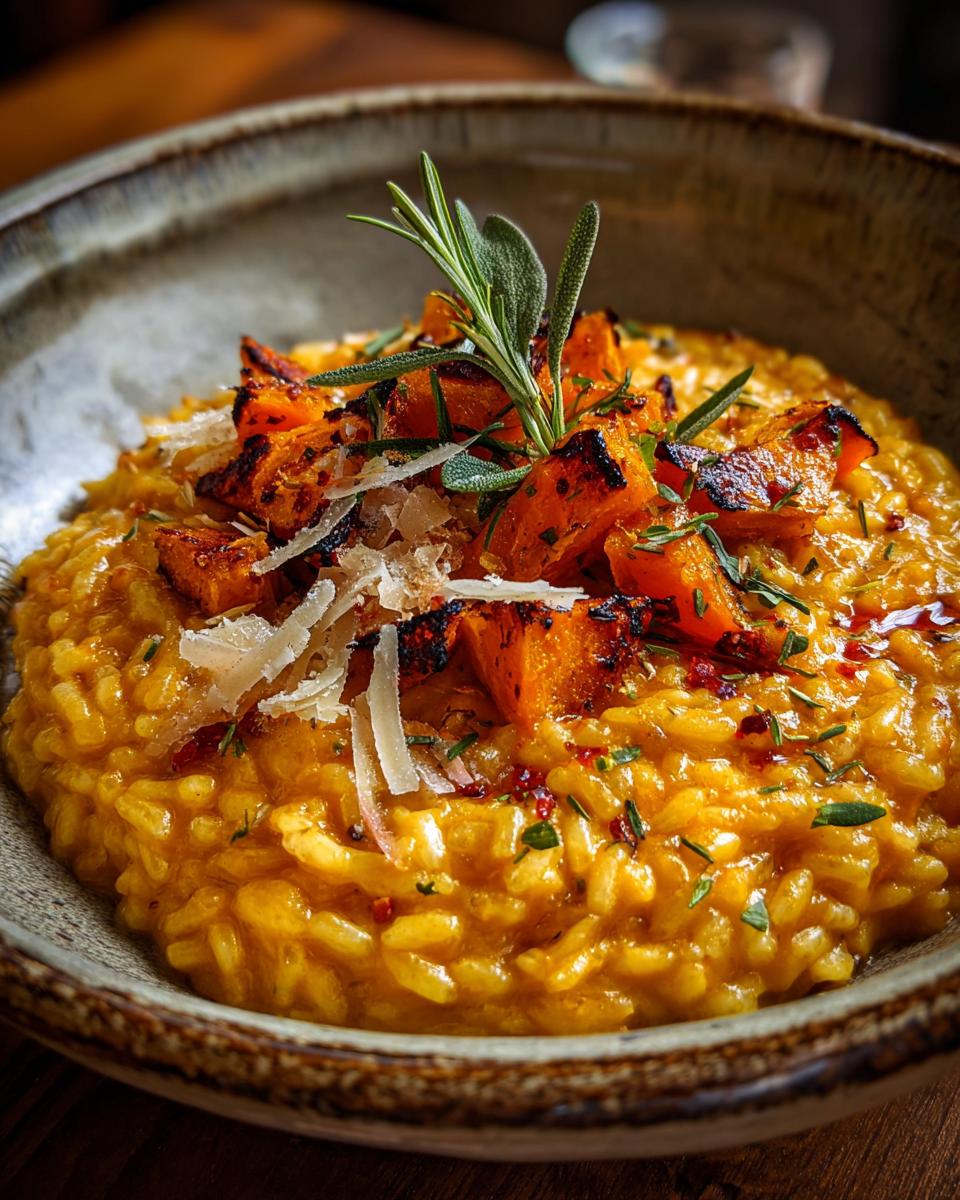 Creamy Pumpkin Risotto: 1 Recipe, Utterly Delicious 8 Close-up of a bowl of creamy pumpkin risotto, topped with roasted pumpkin and fresh herbs. The primary keyword is Creamy Pumpkin Risotto.