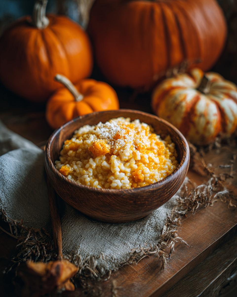 Creamy Pumpkin Risotto: 1 Recipe, Utterly Delicious 9 A wooden bowl filled with creamy pumpkin risotto, with pumpkins in the background. The Creamy Pumpkin Risotto recipe.