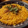 Close-up of a bowl of creamy pumpkin risotto, garnished with fresh herbs and spices. The perfect Creamy Pumpkin Risotto.
