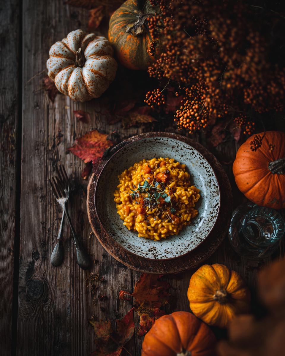 Creamy Pumpkin Risotto: 1 Recipe, Utterly Delicious 7 Overhead shot of creamy pumpkin risotto in a bowl, surrounded by pumpkins and fall foliage. This is a delicious Creamy Pumpkin Risotto.