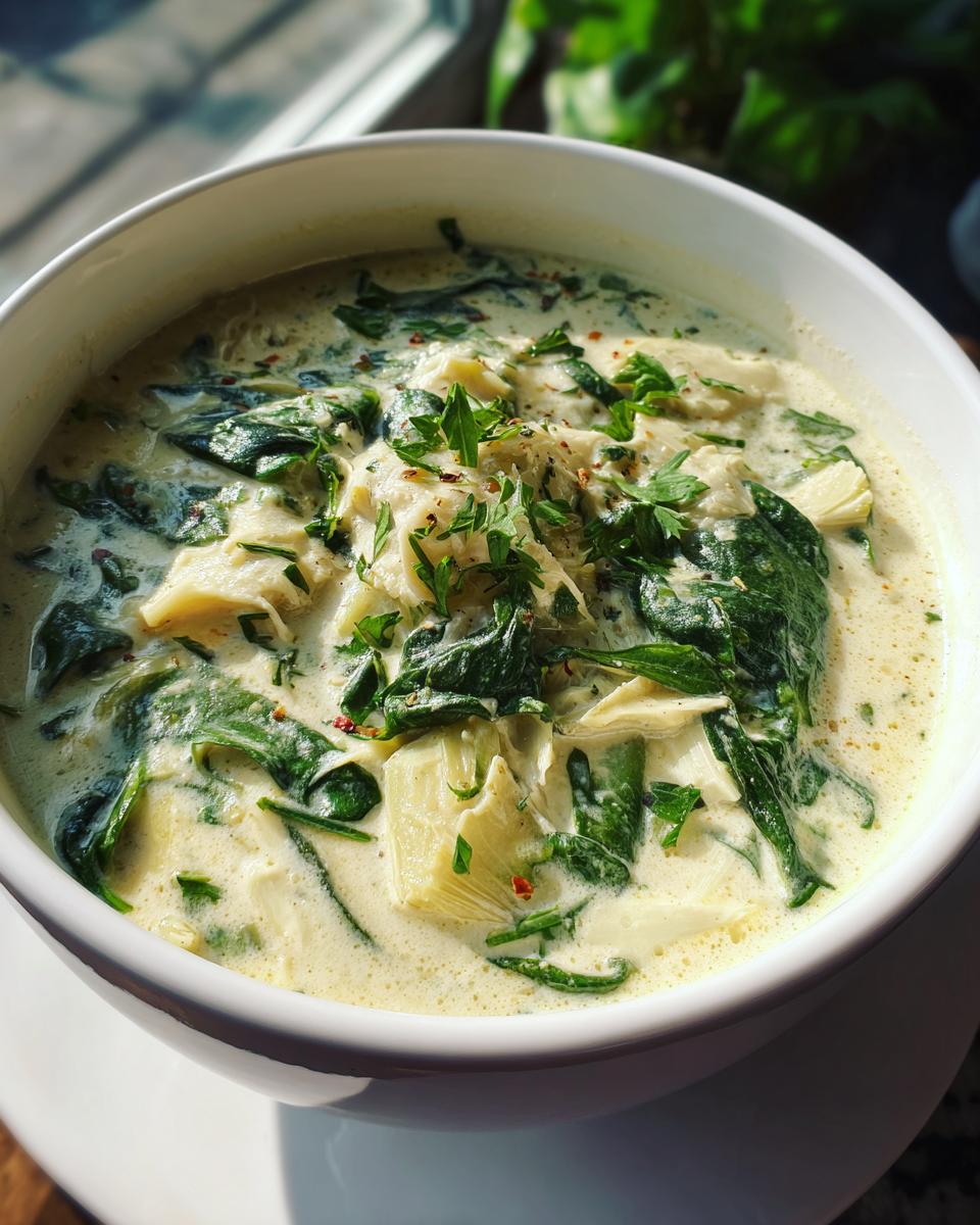 Creamy Spinach Artichoke Soup: 3 Reasons to Love It! 8 Close-up of a bowl of creamy spinach artichoke soup, garnished with fresh herbs.