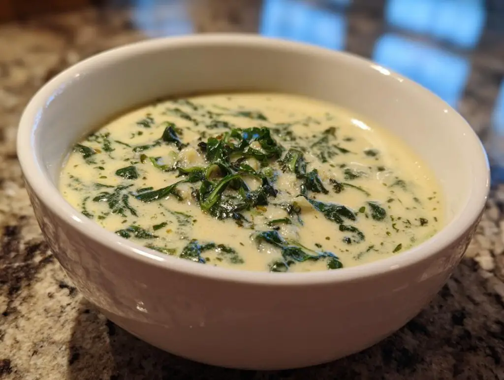 Close-up of a bowl of Creamy Spinach Artichoke Soup, a delicious and comforting soup.
