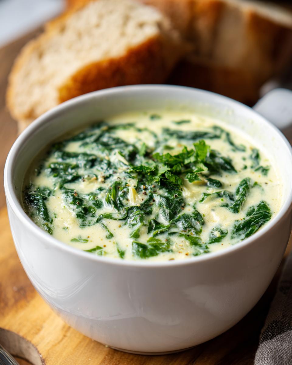 Creamy Spinach Artichoke Soup: 3 Reasons to Love It! 10 Close-up of a bowl of creamy spinach artichoke soup, garnished with fresh herbs, with bread in the background. The primary keyword is Creamy Spinach Artichoke Soup.