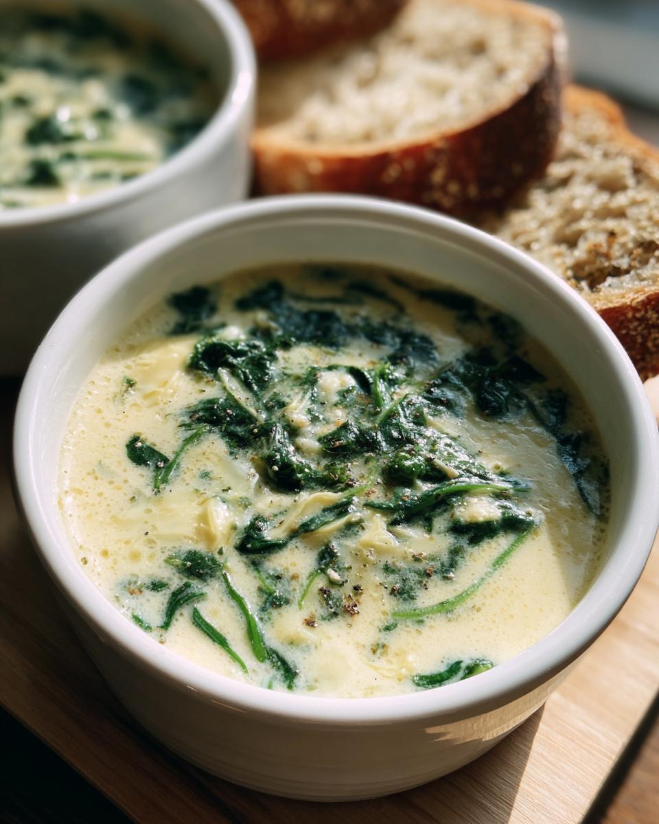 Creamy Spinach Artichoke Soup: 3 Reasons to Love It! 7 Close-up of creamy Spinach Artichoke Soup in white bowls, served with bread.