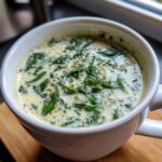 Close-up of a mug filled with creamy spinach artichoke soup, a delicious and comforting dish.