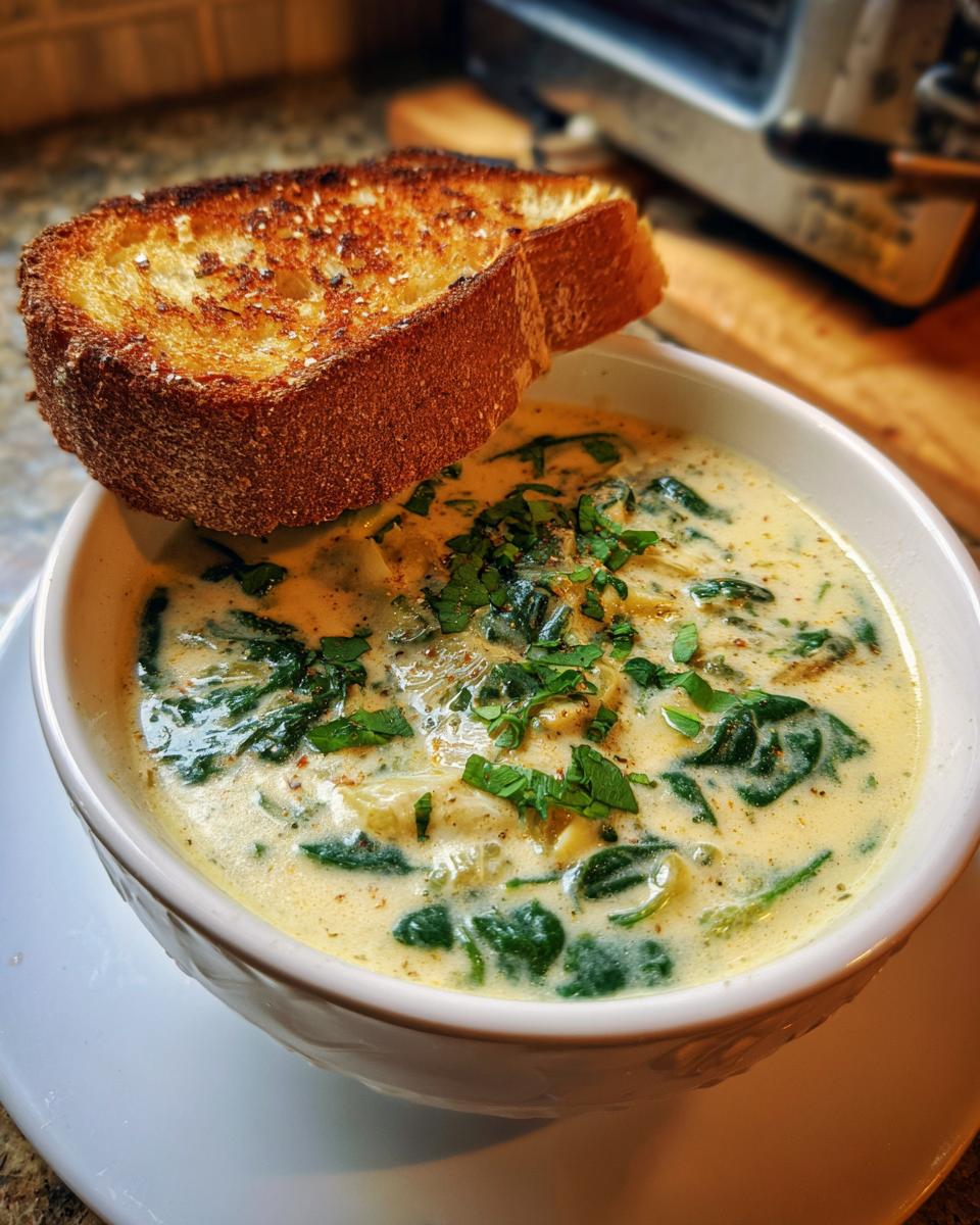Creamy Spinach Artichoke Soup: 3 Reasons to Love It! 9 Bowl of creamy spinach artichoke soup with a slice of toasted bread, garnished with fresh herbs.