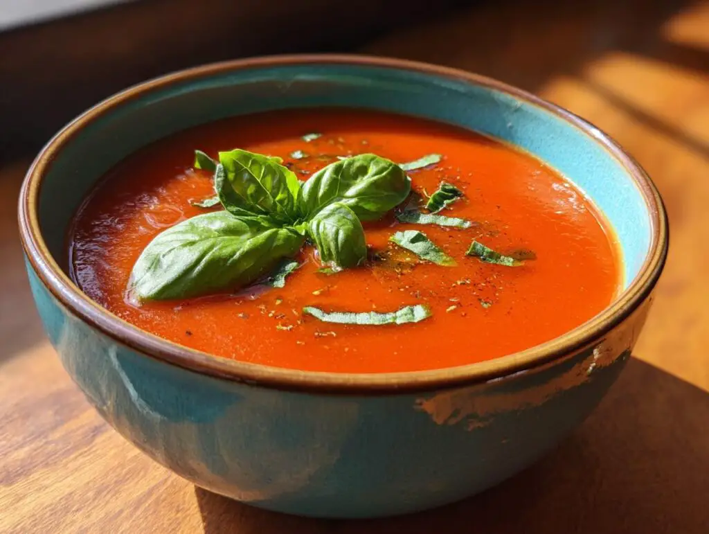 A bowl of Creamy Tomato Basil Soup (No Cream!) garnished with fresh basil leaves.
