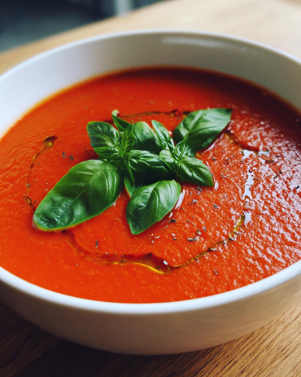 Creamy Tomato Basil Soup (No Cream!): 6 Simple Steps 8 Close-up of Creamy Tomato Basil Soup (No Cream!) garnished with fresh basil leaves and a swirl of olive oil.