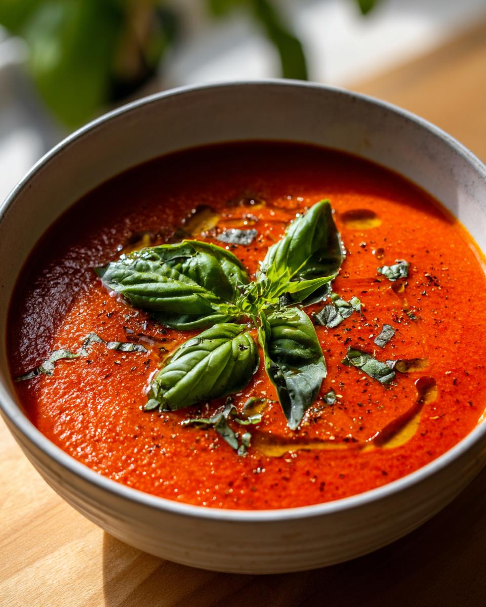 Creamy Tomato Basil Soup (No Cream!): 6 Simple Steps 7 Close-up of a bowl of Creamy Tomato Basil Soup (No Cream!), garnished with fresh basil leaves and olive oil.