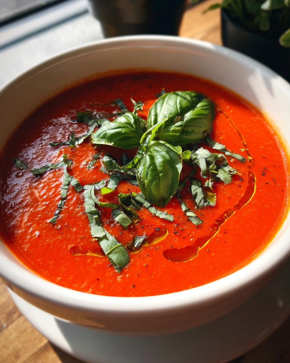 Creamy Tomato Basil Soup (No Cream!): 6 Simple Steps 10 A bowl of Creamy Tomato Basil Soup (No Cream!) garnished with fresh basil and olive oil.