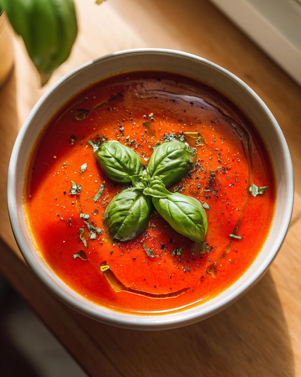 Creamy Tomato Basil Soup (No Cream!): 6 Simple Steps 9 Overhead shot of a bowl of Creamy Tomato Basil Soup (No Cream!) garnished with fresh basil.