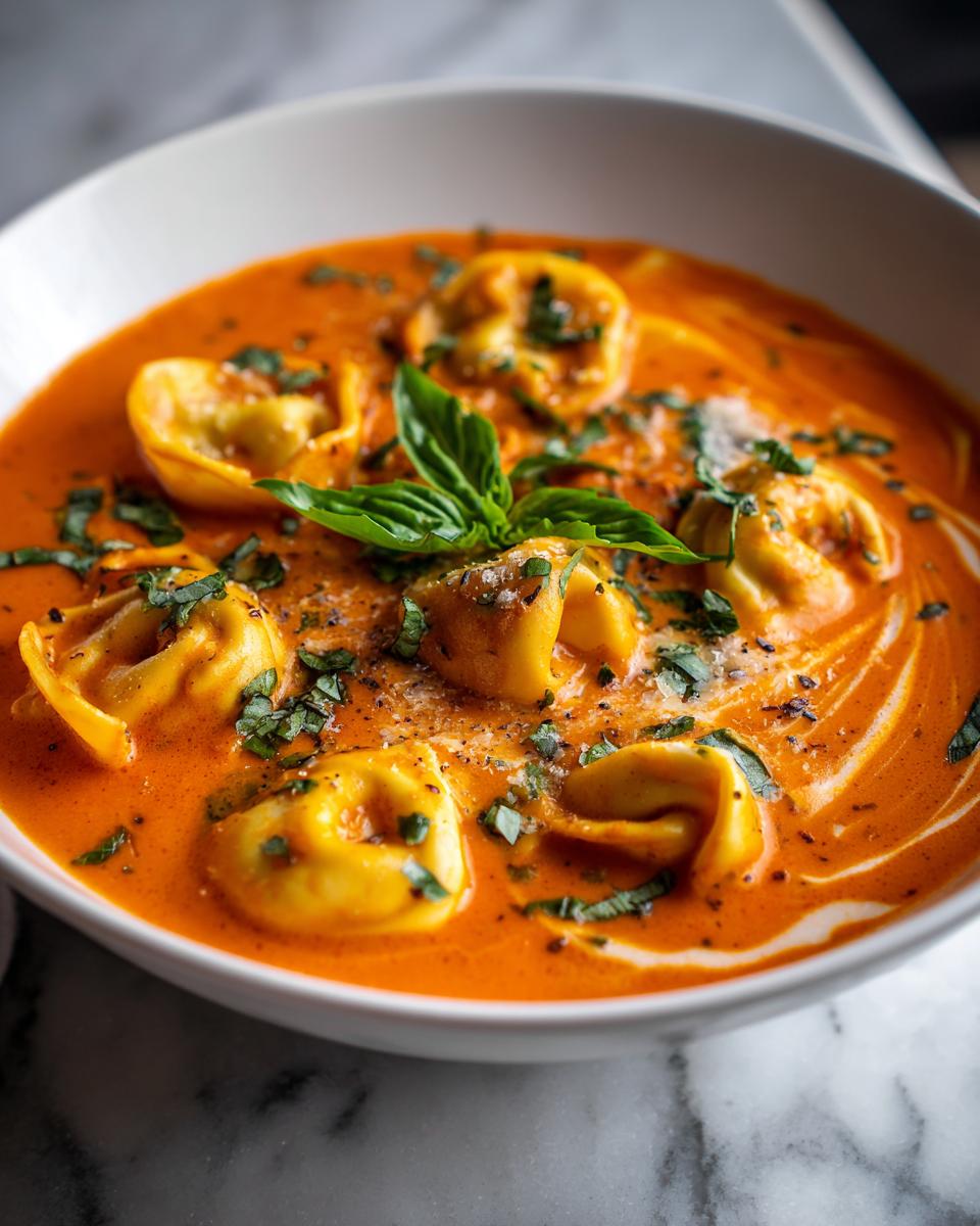 Close-up of a bowl of Creamy Tomato Tortellini Soup, garnished with basil and cheese.
