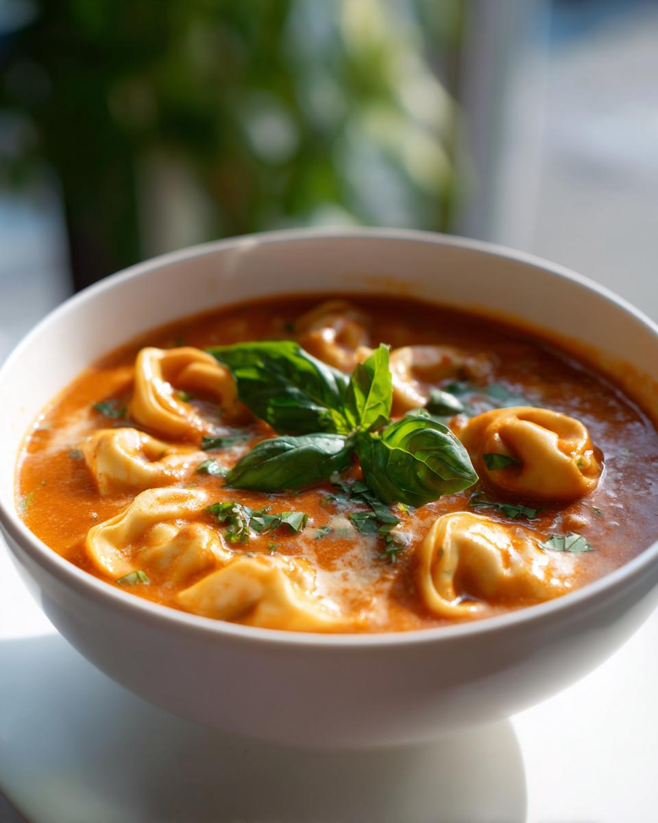 Close-up of a bowl of Creamy Tomato Tortellini Soup, garnished with basil.
