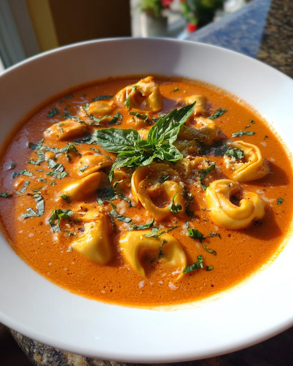 Close-up of Creamy Tomato Tortellini Soup in a white bowl, garnished with basil.