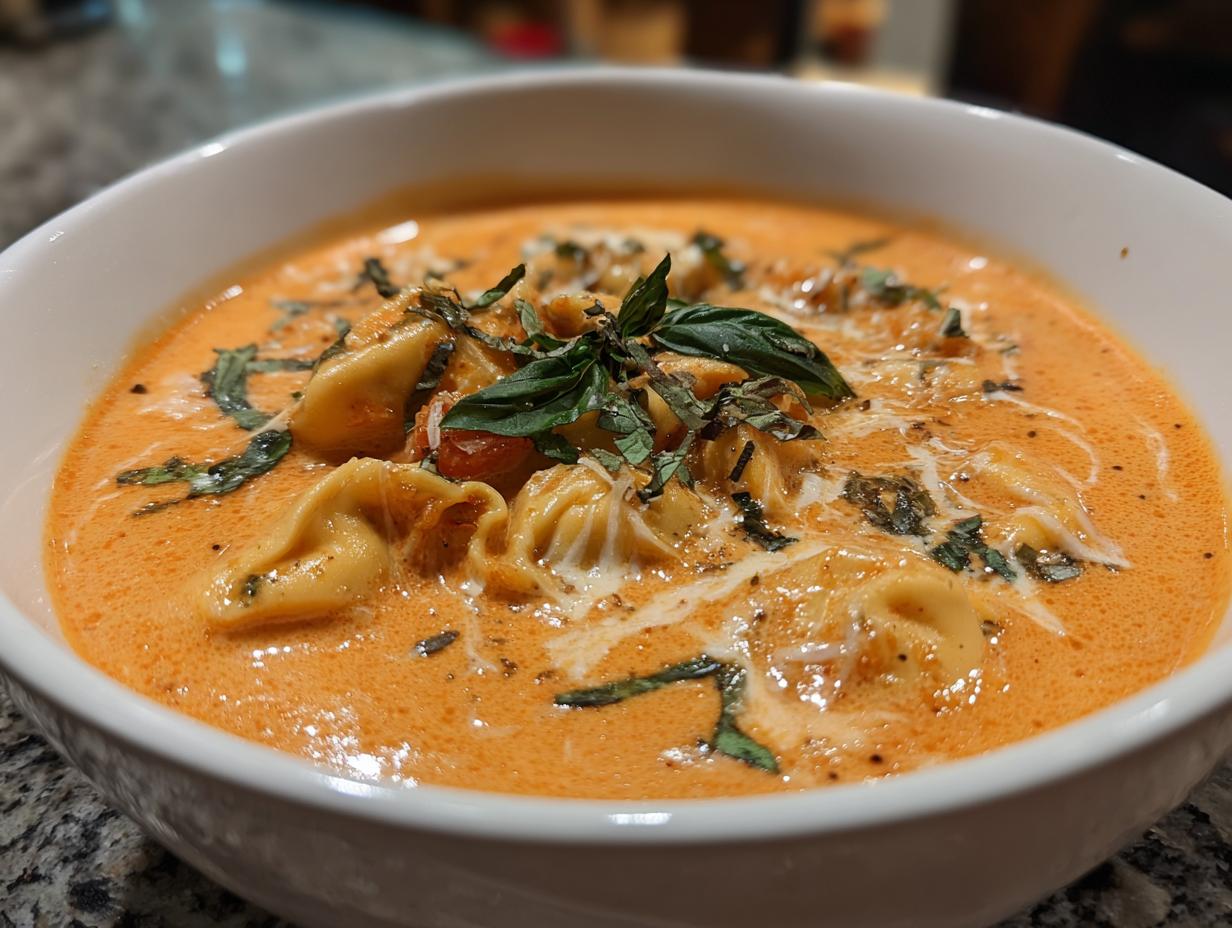 Close-up of a bowl of Creamy Tomato Tortellini Soup, garnished with fresh basil.