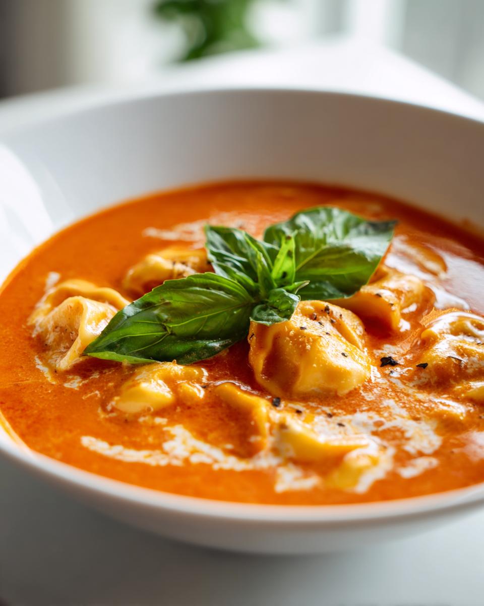 Close-up of a bowl of Creamy Tomato Tortellini Soup garnished with fresh basil.