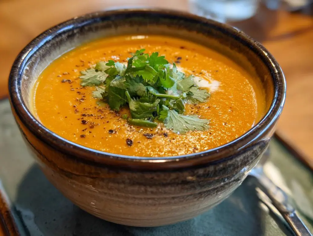 Close-up of a bowl of Curried Cauliflower & Carrot Soup, garnished with cilantro.