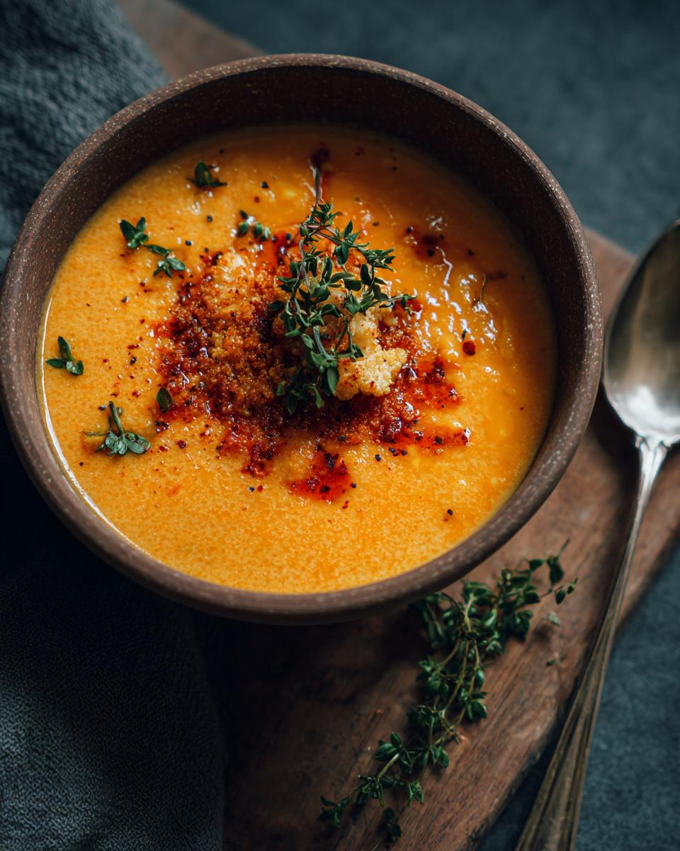 Overhead shot of a bowl of Curried Cauliflower & Carrot Soup, garnished with herbs and spices.