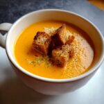 Bowl of creamy Curried Cauliflower & Carrot Soup topped with croutons and herbs.