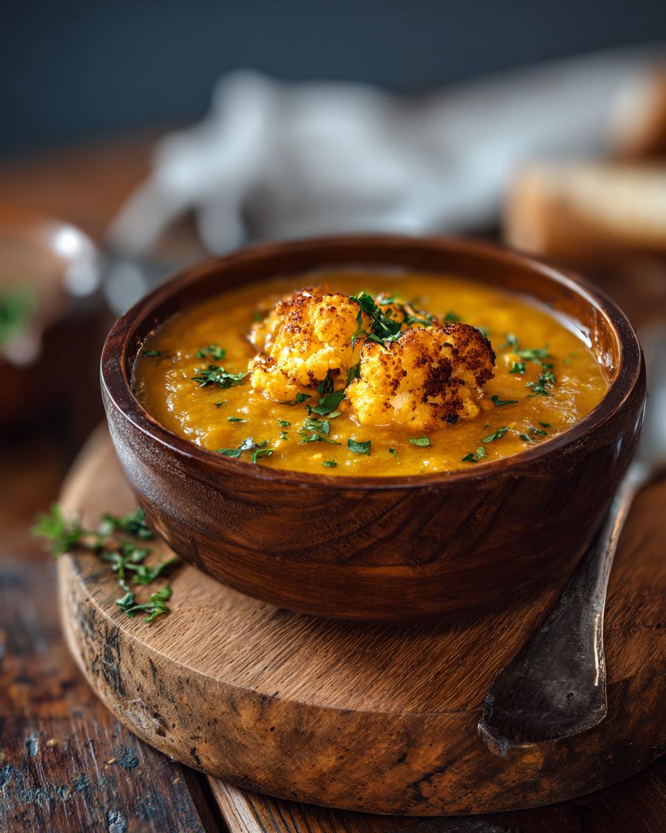 Close-up of a wooden bowl filled with Curried Cauliflower & Carrot Soup, garnished with cauliflower florets.