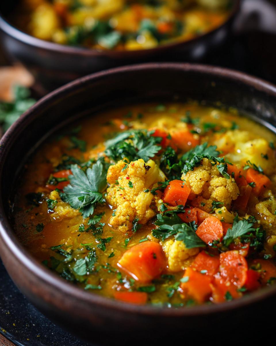 Close-up of Curried Cauliflower & Carrot Soup in bowls, garnished with fresh herbs.