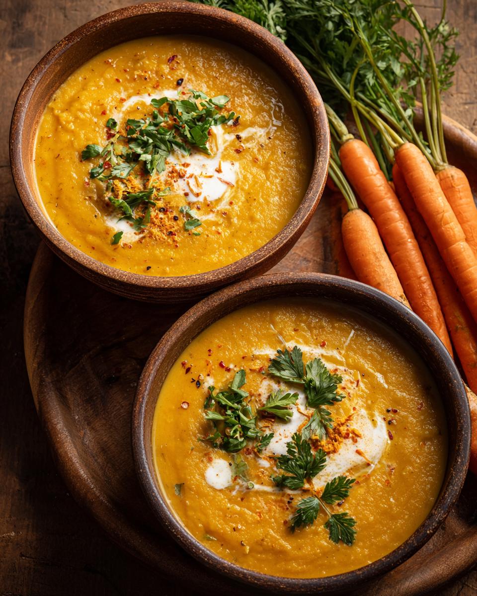 Overhead shot of two bowls of Curried Cauliflower & Carrot Soup, garnished with cream and herbs.